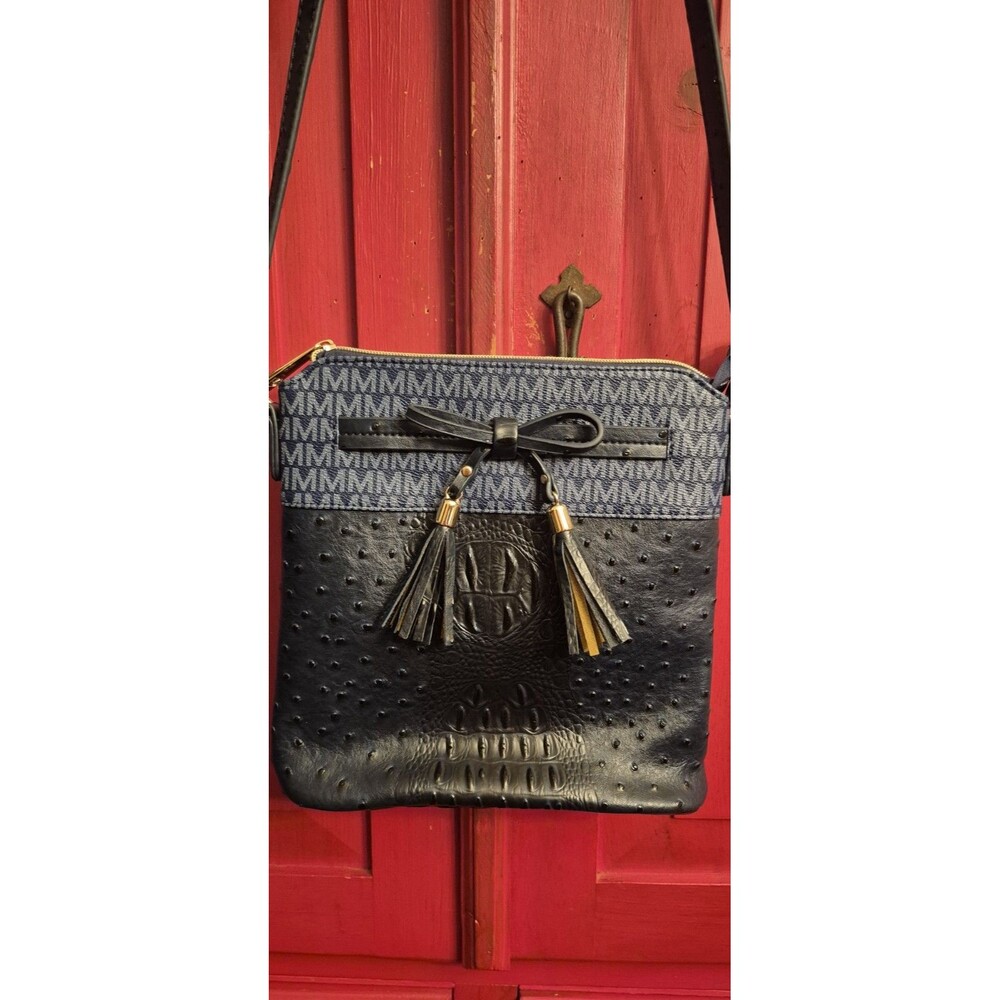 New Mia K. Collection Crossbody Purse Navy Blue Gold Hardware Tassels 10x10 NEW